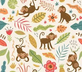 Fotobehang Jungle  kinderkamer Leuke en grappige apen. naadloos patroon