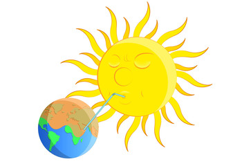 Summer Heat Vector Illustration, Sun Drinking water from earth
