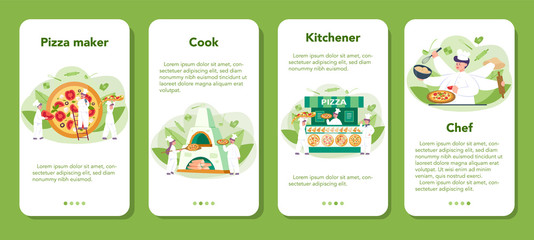 Pizzeria mobile application banner set. Chef cooking tasty delicious
