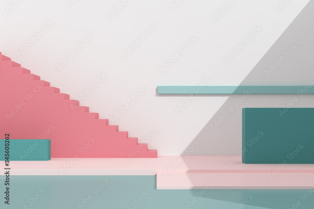 Leinwandbilder Minimal style of architectural building with staircase and blocks on pastel color background, presentation,shade and shadow. 3D rendering.