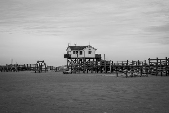 house on poles at the beach monochrome