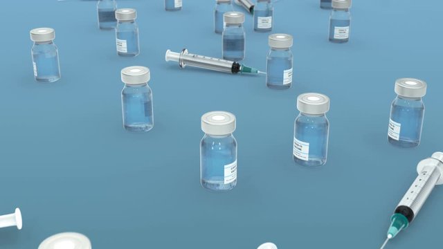 Syringes and vials with vaccine. Seamless loop panning. 3D render animation