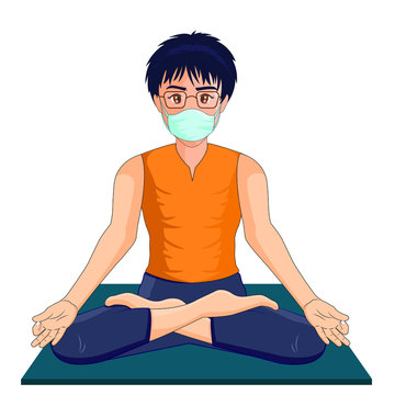 Stay Safe in Home and Fight Against Corona Virus, Character in Yoga Pose Vector Illustration