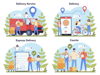 Delivery service set. Courier in uniform with box from the truck. Online
