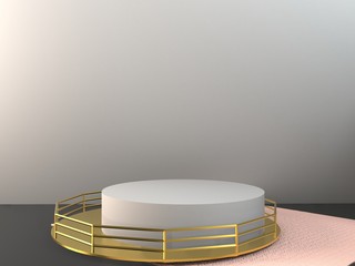 3d rendering of white marble pedestal isolated on black background, round gold frame, memorial board