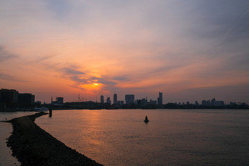 Rotterdam Skyline with Erasmusbrug bridge at sunset in morning in Rotterdam, Netherlands