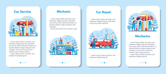 Car service mobile application banner set. People repair car using