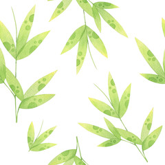 Watercolor seamless pattern with green leaves on white background