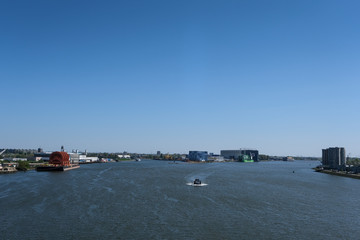 Aerial view of a ship on the Maas river in The Netherlands