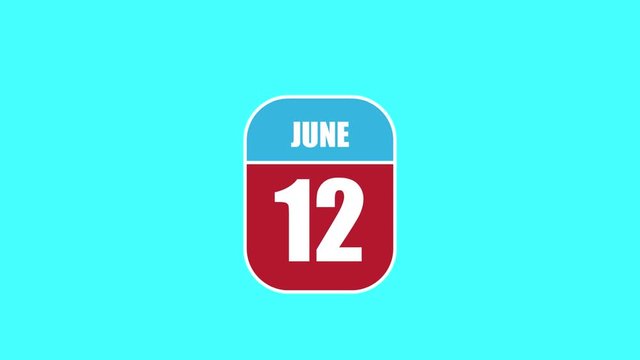 june 12th. Day 12 of month, 2D calendar animation. A calendar sheet is assembled from its component parts. summer month, day of the year concept
