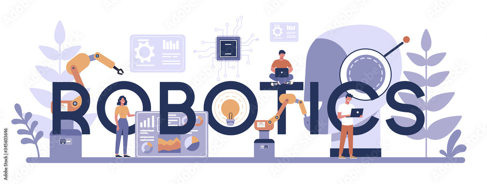 Poster robotics typographic header concept. robot engineering and programming.