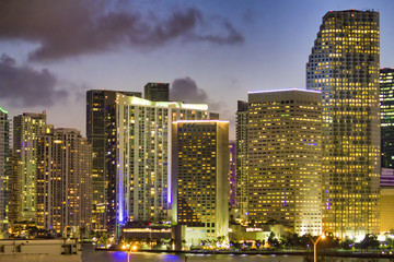 Night lights of Downtown MIami, Florida. Aerial view from departing cruise ship