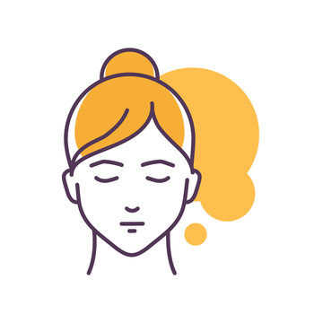 Human feeling patience line color icon. Face of a young girl depicting emotion sketch element. Cute character on yellow background. Outline vector illustration