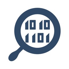 Magnifying glass on binary code. Binary data search icon. Decoding sign.