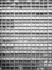 Street of the city. Large industrial factory building. The figure of a man walking on the background of the factory wall. Picture taken in Ukraine. Kiev region. Vertical frame. Black and white image.
