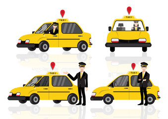 Cartoon character set with Smiling young taxi driver near his car.Taxi service. Vector illustration in flat style