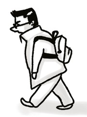 man with backpack walking isolated on white