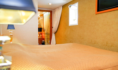 View into oceanview ocean view outside exterior cabin stateroom suite with living room and bedroom...