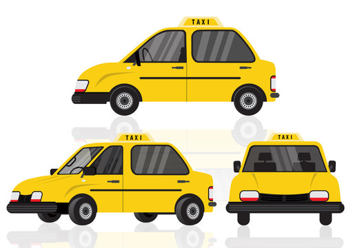 Taxi yellow car cab isolated on white background for animation, front, side, 3-4 view character. Vehicle, flat icon vector Illustration