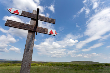 Wood signpost in the Bukk mountains near Szomolya, Hungary