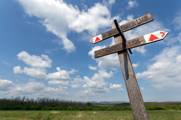 Wood signpost in the Bukk mountains near Szomolya, Hungary