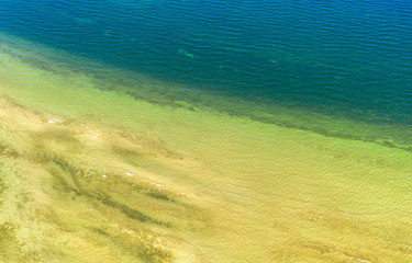 Aerial view of spring landscape lake. Lake Naroch, Minsk region, Belarus