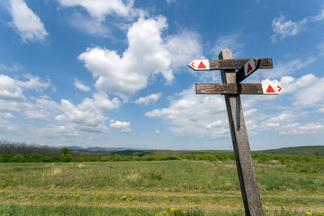Wood signpost in the Bukk mountains near Szomolya, Hungary