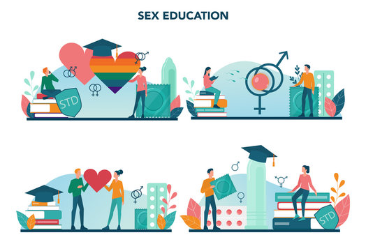 Sexual education concept set. Sexual health lesson for young people.