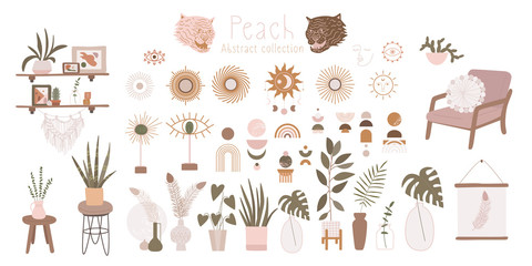 Objects for a cozy sweet home. home flowers and plants. minimalism, primitivism, abstraction. vector graphics, print, trend