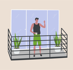 Man stay on balcony with cap of tea. Meet and communicate during quarantine pandemic coronavirus. Guy near window. Self isolation on balcony. Stay home lifestyle. Stay safe cartoon vector illustration