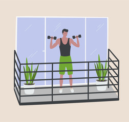 Yung man doing workout on balcony. Fitness boy. Stay home during quarantine. Active healthy lifestyle. Sport at home with dumbbells. Self isolation coronavirus pandemic. Cartoon vector illustration