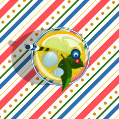 glass of cocktail with ice straw and berries on a striped background