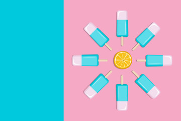 ice cream around an orange on a bright background