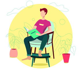 Reading Books Hobby. Young Man Sitting on Cozy Armchair at Home Read Interesting Book. Cartoon Flat Vector Illustration