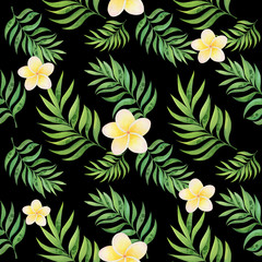 Fototapeta na wymiar Watercolor seamless pattern with tropical leaves and plumery on black background