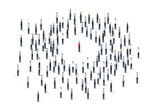 A large group of people.. Vector illustration. A large group of people is crowded on a white background. man in a crowd of stick people, red male stick figure surrounded by huge crowd. 