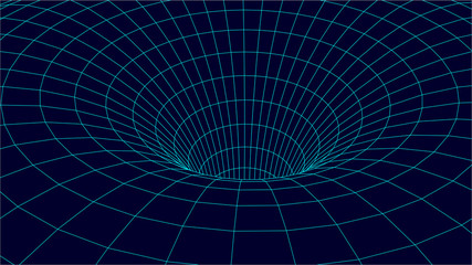 Blue wireframe vector tunnel. 3d wormhole dark illustration.
