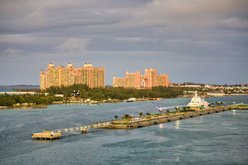 Sunset view of Nassau skyline and port - Bahamas from cruise ship