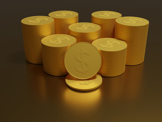 Gold coins cash money in piles