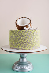 Delicious and beautiful cake with coconut filling on a light background. A place for text.