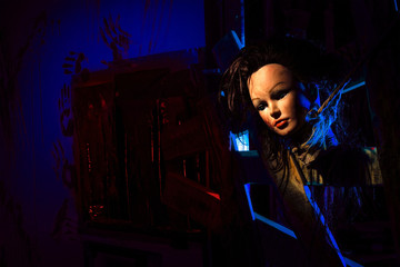 The bloody head of a doll or mannequin is tied with a rope to a fence. Re-enactment of the brutal...