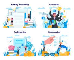 Accountant office manager set. Professional bookkeeper. Concept of