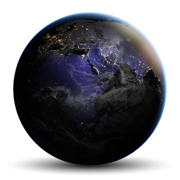Planet earth at night. Dark sphere with city lights. Highly realistic illustration.