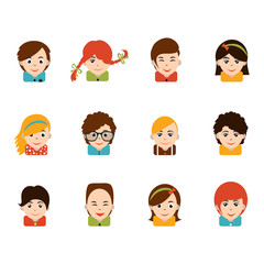 Avatar children people head. Various cartoon modern happy faces. Flat design vector illustration.