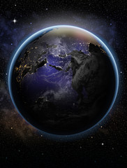 Planet earth in the night sky. Highly realistic illustration.
