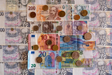 banknotes and coins of various currencies, Euro CHF CZK PLN