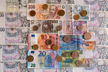 banknotes and coins of various currencies, Euro CHF CZK PLN