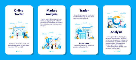 Trader, financial investment mobile application banner set. Buy, sell