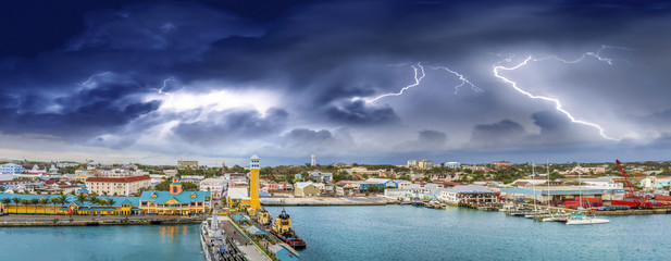 Amazing panoramic view of Nassau skyline with thunderstorm approaching, Bahamas