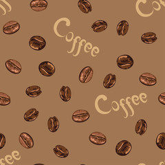 Coffee seamless pattern. Coffee beans and lettering on brown background. Vector illustration in cartoon flat style.